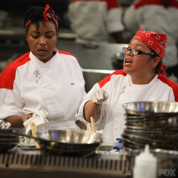 Bev gets off to a slow start on the crab cake appetizers, slowing down